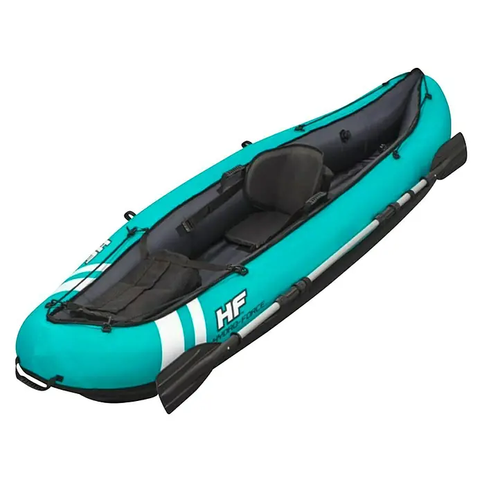 Bestway Hydro Force Kayak Ventura - Plástico, Turquesa - La imagen muestra un kayak inflable Hydro-Force en color turquesa con remos. Ideal para deportes acuáticos y actividades recreativas al aire libre.