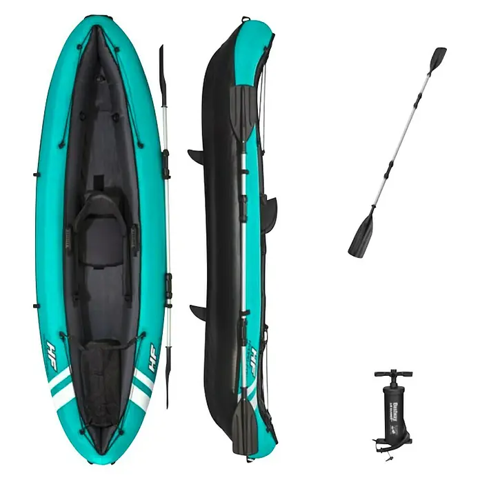 Bestway Hydro Force Kayak Ventura - Plástico, Turquesa - Imagen de un kayak hinchable Hydro-Force, completo con remo y bomba. Ideal para aventuras al aire libre y deportes acuáticos.
