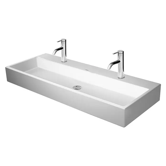 Duravit Vero Air Doppelwaschtisch - 120 x 47 cm, Ohne Spezialglasur, Hahnloch: Mitte, Ohne Überlauf, Weiß, Geschliffen - Aufsicht eines langen, rechteckigen, weißen Waschbeckens mit zwei verchromten Wasserhähnen auf einem schwarzen Hintergrund.