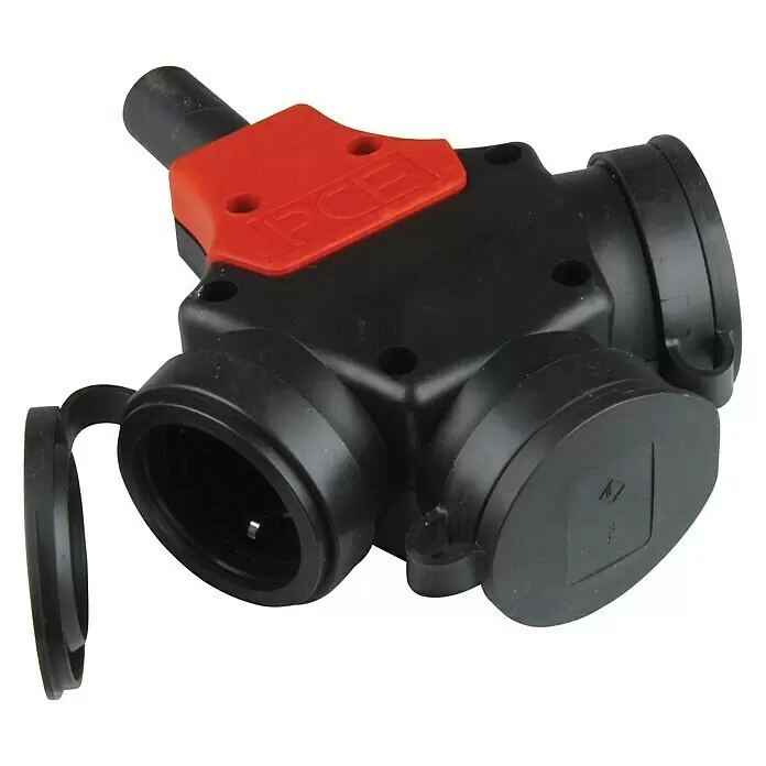 UniTEC Gummi-3-Wege-Kupplung - Klappdeckel, IP44, 250 V - Diagonale Ansicht