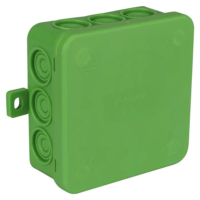 Feuchtraum-Abzweigdose - 85 x 85 x 40 mm, Aufputz, IP54, Grün - Grüne F-tronic E 113 Abzweigdose, ideal für sichere und wetterfeste Elektroinstallationen. Robuste Konstruktion für den Innen- und Außenbereich.