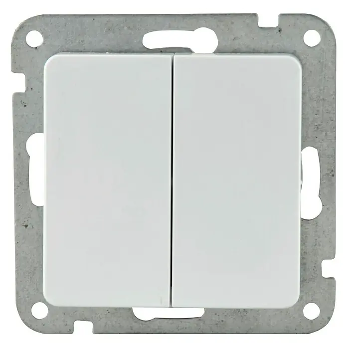 Voltomat VEGA Serienschalter - Ultraweiß, 10 A - Ein Doppel-Lichtschalter mit weißem Rahmen und Metalleinfassung, ideal für moderne Innenräume. Einfach zu installieren und bedienen.