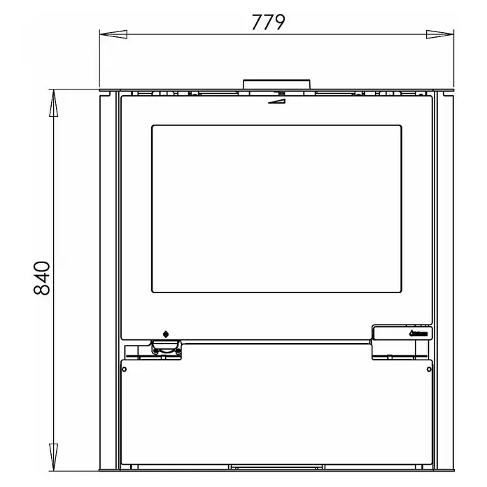 Aduro Kaminofen 15 - 6,5 kW, Raumheizvermögen: 350 m³, Material Verkleidung: Stahl, Schwarz - Abbildung eines Ofens mit den Maßen 779 x 840 mm.