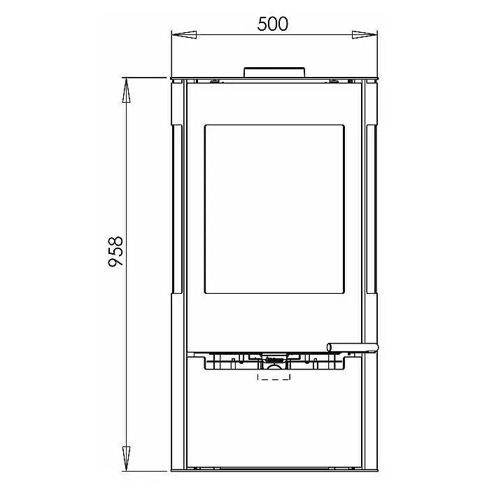 Aduro Kaminofen 9 Air - 8 kW, Raumheizvermögen: 334 m³, Material Verkleidung: Stahl, Schwarz - Technische Zeichnung eines Kaminofens, Vorderansicht, mit Maßen: 500mm Breite, 958mm Höhe.