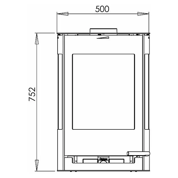 Aduro Kaminofen 9-4 - 8 kW, Raumheizvermögen: 334 m³, Material Verkleidung: Stahl, Schwarz - Technische Vorderansicht eines Kamineinsatzes mit Maßen: Breite 500, Höhe 752.