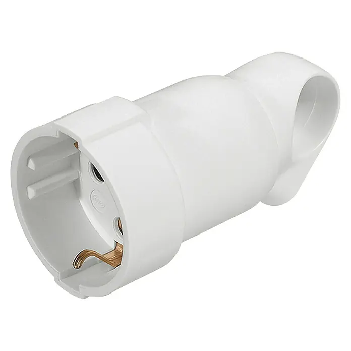 Legrand Base aérea - Blanco, Plástico, 230 V - Primer plano de un enchufe Schuko blanco y redondo con asa, diseñado para conectarse a una fuente de alimentación.