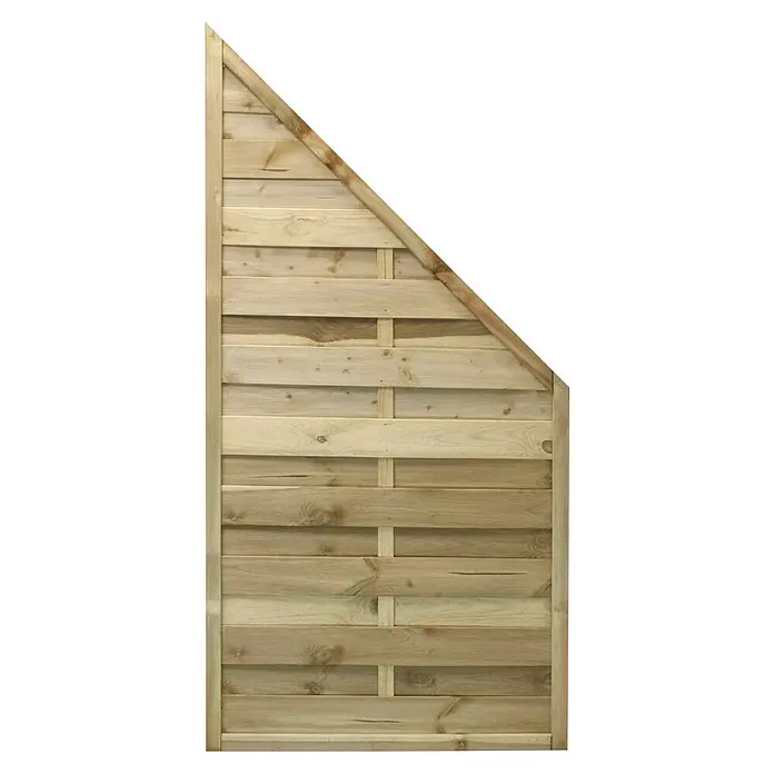 Joda Sichtschutzelement Hamburg - 90 x 90/180 cm, Holz, Grün, Gerade - Das Bild zeigt ein Gartenzaunfeld aus Holz mit einem dreieckigen Oberteil, das eine rustikale und natürliche Ästhetik bietet. Ideal für jeden Garten.
