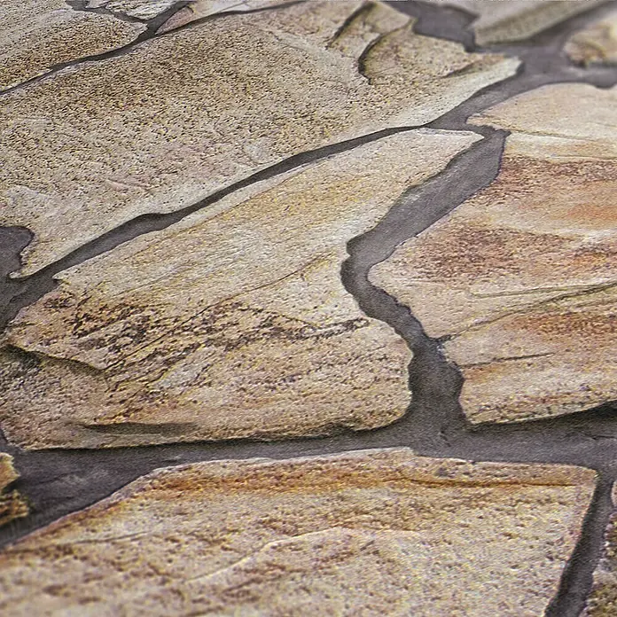 A.S. Création Elements Vliestapete Bruchstein - Beige/Braun/Grau, Steinoptik, 10,05 x 0,53 m - Nahaufnahme einer Steinwandtapete mit verschiedenen Brauntönen und grauen Fugen, die eine rustikale Optik verleiht.