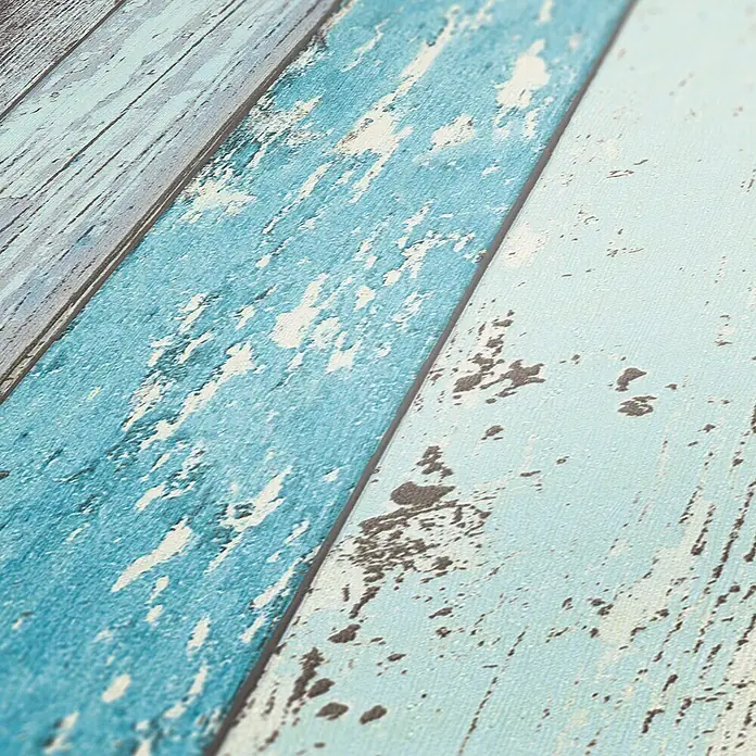 A.S. Création Elements Vliestapete - Blau/Grün, Holzoptik, 10,05 x 0,53 m - Nahaufnahme von Paneelen mit Farbverlauf und Used-Look-Effekt. Dekoratives Design für Innenräume mit Vintage-Touch.