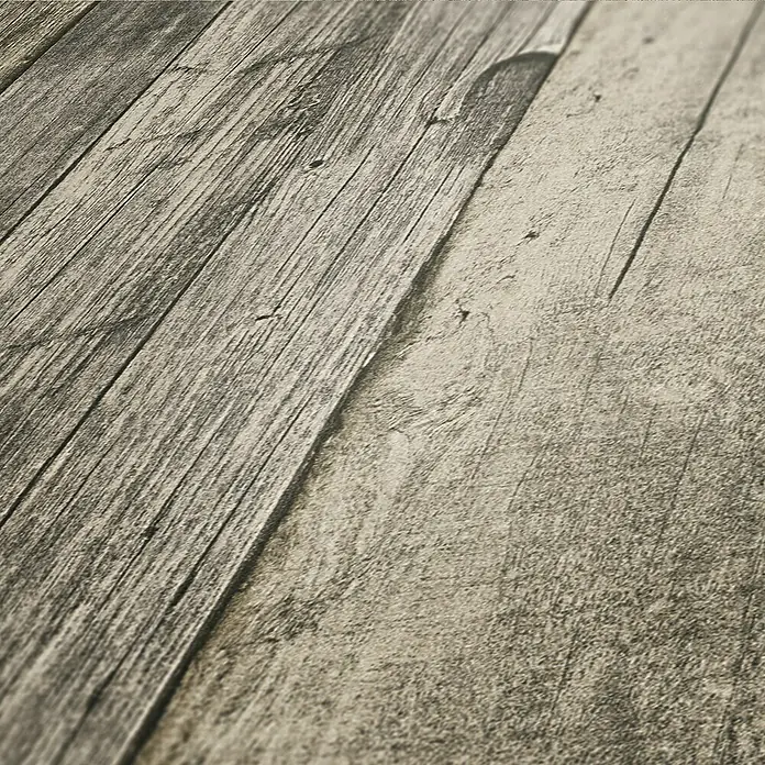 A.S. Création Elements Vliestapete Holz - Beige/Schwarz, Holzoptik, 10,05 x 0,53 m - Nahaufnahme von strukturierten Holzpaneelen in Grau- und Brauntönen, die ein rustikales, gealtertes Aussehen verleihen und Textur betonen.