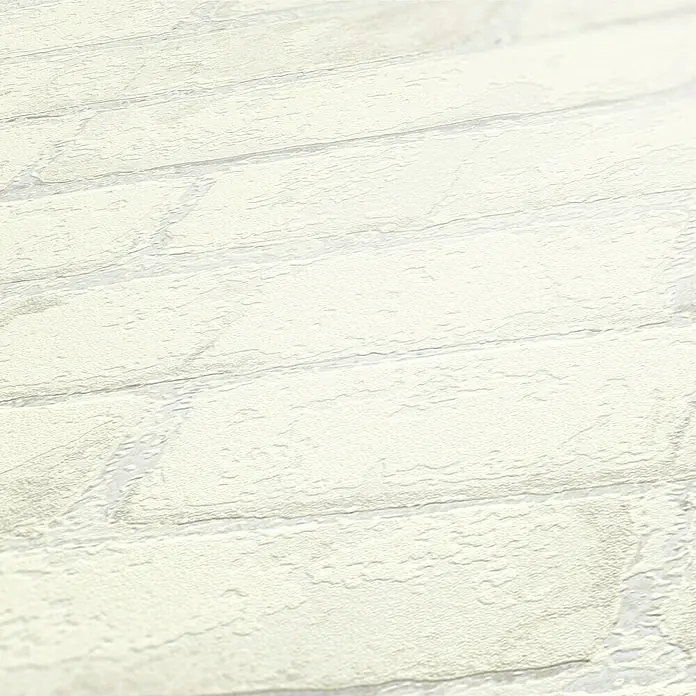 A.S. Création Elements Vliestapete - Weiß/Silber, Steinoptik, 10,05 x 0,53 m - Eine Nahaufnahme von weißen Ziegel Tapete, die eine rustikale Textur und eine elegante Optik für moderne Wohnräume bietet.