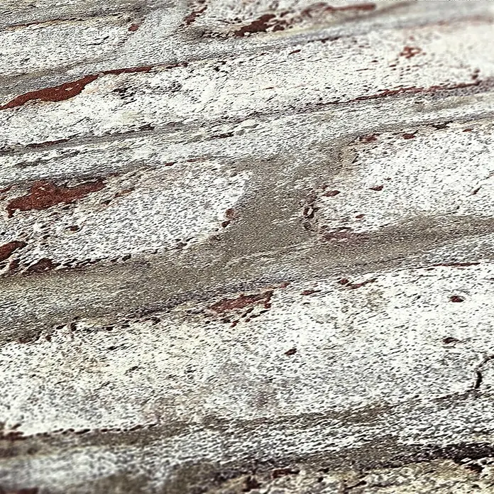 A.S. Création Elements Vliestapete Backsteinmauer - Weiß/Braun/Grau, Steinoptik, 10,05 x 0,53 m - Nahaufnahme einer strukturierten, verwitterten Oberfläche in Weiß, Grau und Braun.