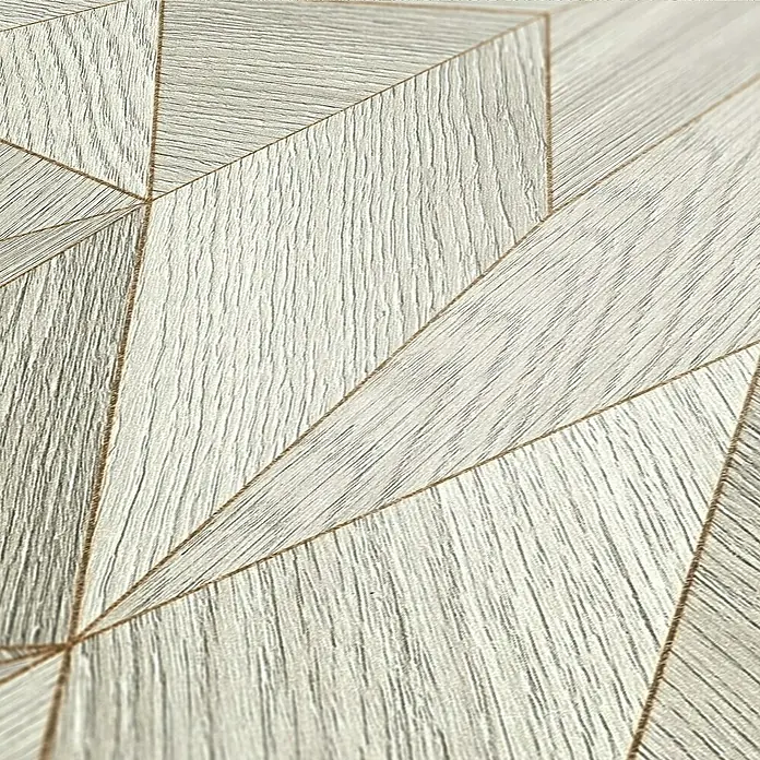 A.S. Création Elements Vliestapete - Grau/Gold, Grafisch, 10,05 x 0,53 m - Nahaufnahme eines Wandpaneels mit geometrischem Muster und Holzstruktur, ideal für moderne Innenräume.\n