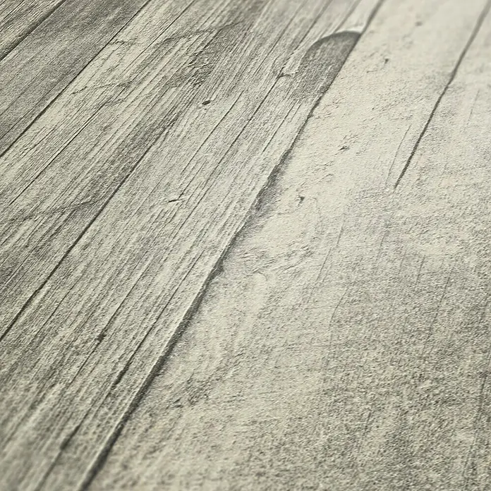 A.S. Création Elements Vliestapete Holz - Grau/Beige, Holzoptik, 10,05 x 0,53 m - Nahaufnahme von hellgrauem Vinylbodenbelag in Holzoptik, ideal für moderne Innenräume und einfache Reinigung.