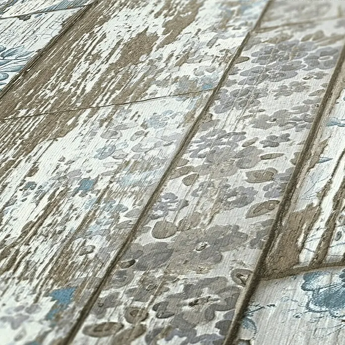 A.S. Création Elements Vliestapete - Blau/Braun/Grau, Holzoptik, 10,05 x 0,53 m - Nahaufnahme des Holzdesigns mit Blumenmuster. Ein dekoratives Element, ideal für Wandgestaltung und Möbelverschönerung.
