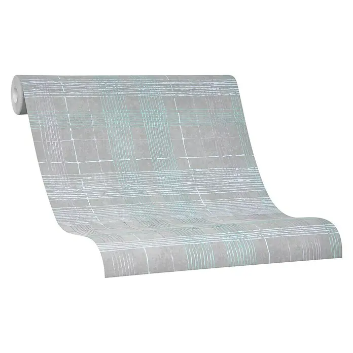 Marburg Casual Vliestapete Karrierte Linien - Grau/Braun, Streifen, 10,05 x 0,53 m - Nahaufnahme einer Rolle grauer Vliestapete mit einem dezenten, geometrischen Karo-Muster für eine moderne Raumgestaltung.