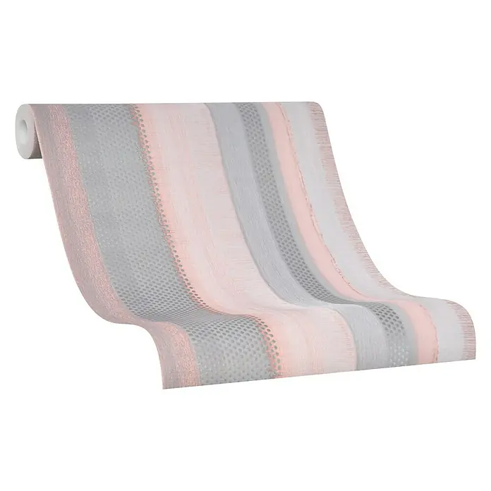 Marburg Casual Vliestapete Punkte und Streifen - Violett, Streifen, 10,05 x 0,53 m - Eine Rolle gestreifte Tapete in Rosa- und Grautönen, perfekt für eine stilvolle Wandgestaltung im Wohnbereich. Das Muster ist modern und ansprechend.