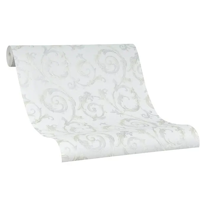 Marburg Home Classic Belvedere Vliestapete Rokkoko-Ranke - Grau, Ornament, 10,05 x 0,53 m - Eine Rolle edler, weißer Vinyltapete mit einem filigranen, floralen Muster, ideal für elegante Wandgestaltungen.