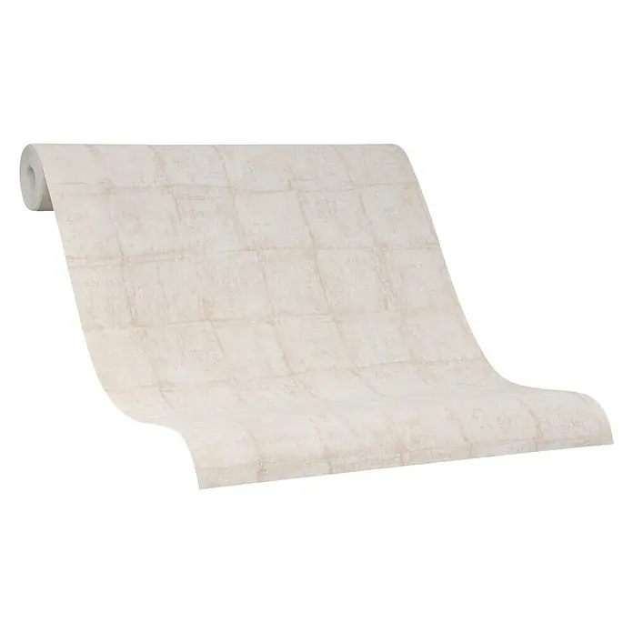 Marburg Casual Vliestapete Karomuster - Hellbeige, Grafisch, 10,05 x 0,53 m - Nahaufnahme einer Rolle beiger Backsteintapete mit quadratischem Muster, perfekt für die Inneneinrichtung.