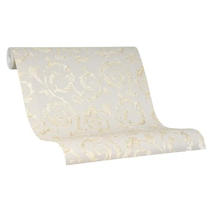 Marburg Home Classic Belvedere Vliestapete Rokkoko-Ranke - Greige, Ornament, 10,05 x 0,53 m - Nahaufnahme einer Rolle cremefarbener Tapete mit einem eleganten, floralen Muster, ideal für stilvolle Innenräume.