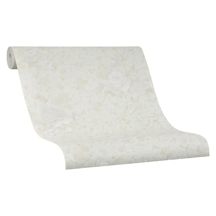 Marburg Home Classic Belvedere Vliestapete Rosen-Bouquet - Hellbeige, Floral, 10,05 x 0,53 m - Nahaufnahme einer Rolle mit weißer Blumentapete. Elegante Wandgestaltung für stilvolle Innenräume mit zartem, floralem Muster.