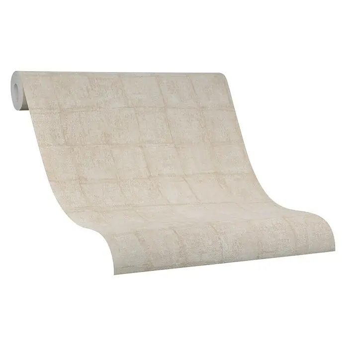 Marburg Casual Vliestapete Karomuster - Beige, Grafisch, 10,05 x 0,53 m - Nahaufnahme einer Rolle Steinmauer-Tapete in Beige, die ein realistisches Mauerwerk-Design zeigt. Ideal für eine rustikale Raumgestaltung.