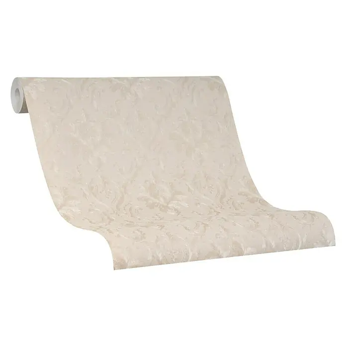 Marburg Home Classic Belvedere Vliestapete Damastmotiv I - Dunkelbeige, Ornament, 10,05 x 0,53 m - Nahaufnahme einer Rolle gemusteter Tapete in einem hellen Farbton mit einem subtilen, eleganten Design auf schwarzem Hintergrund.