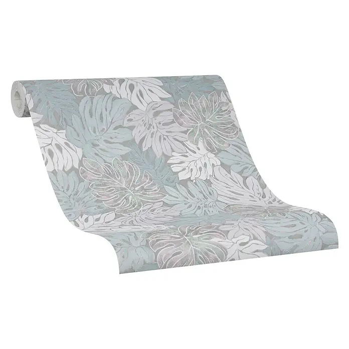 Marburg Casual Vliestapete Philodendron - Blau, Floral, 10,05 x 0,53 m - Eine Rolle stilvoller Vliestapete mit floralem Muster in sanften Grau- und Weißtönen für eine elegante Wandgestaltung.