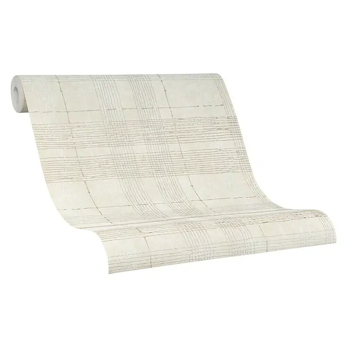 Marburg Casual Vliestapete Karrierte Linien - Hellbeige, Streifen, 10,05 x 0,53 m - Nahaufnahme einer Rolle mit zart gemusterter Tapete, die ein subtiles, elegantes Design mit feinen Linien und einer hellen Farbgebung zeigt.