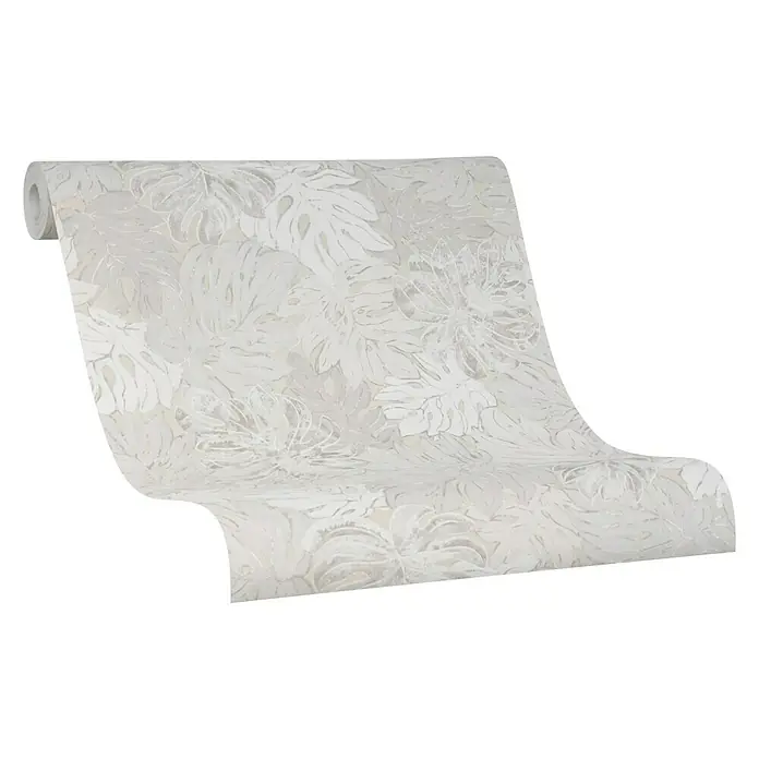Marburg Casual Vliestapete Philodendron - Greige, Floral, 10,05 x 0,53 m - Eine Rolle floral gemusterte Tapete in Weiß, die ein elegantes und subtiles Design für die Wanddekoration bietet.