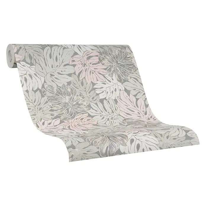 Marburg Casual Vliestapete Philodendron - Grau/Beige, Floral, 10,05 x 0,53 m - Rolle floral gemusterter Tapete in zarten Grau- und Rosatönen, die ein elegantes und modernes Design für jeden Raum bietet.