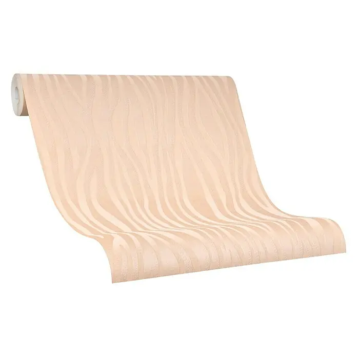 Marburg Casual Vliestapete Zebramotiv - Apricot, Tieroptik, 10,05 x 0,53 m - Eine Rolle eleganter, beiger Tapete mit einem abstrakten, wellenförmigen Muster auf schwarzem Hintergrund. Ideal für moderne Innenräume.