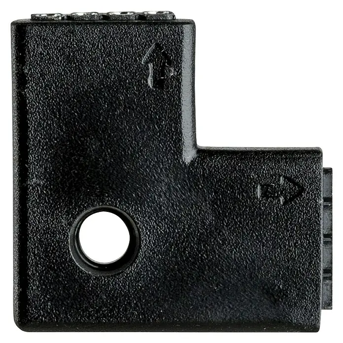 Paulmann Conector de esquina YourLED - 12 pzs. - Primer plano de un adaptador de audio negro en ángulo recto con símbolos de flecha que indican la dirección de conexión.