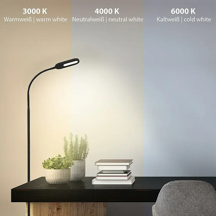 Briloner LED-Stehleuchte - Höhe: 128 cm, Schwarz - Das Bild zeigt eine Tischleuchte, die verschiedene Farbtemperaturen (3000K, 4000K, 6000K) ausstrahlt, dargestellt durch unterschiedlich gefärbte Lichtflächen.