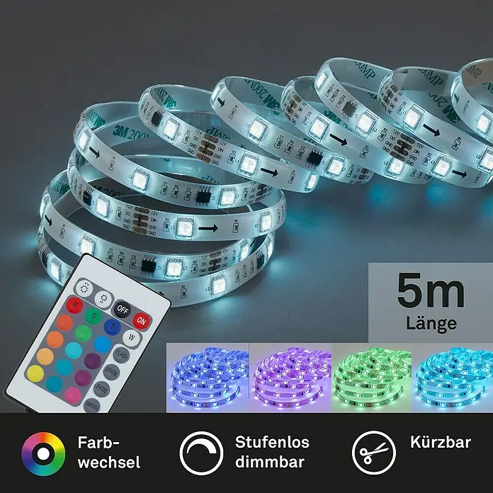Briloner LED-Band - Länge: 5 m, RGB - Das Bild zeigt einen 5 m langen LED-Streifen mit Fernbedienung, der farbwechselnd, stufenlos dimmbar und kürzbar ist und somit vielseitig einsetzbar.