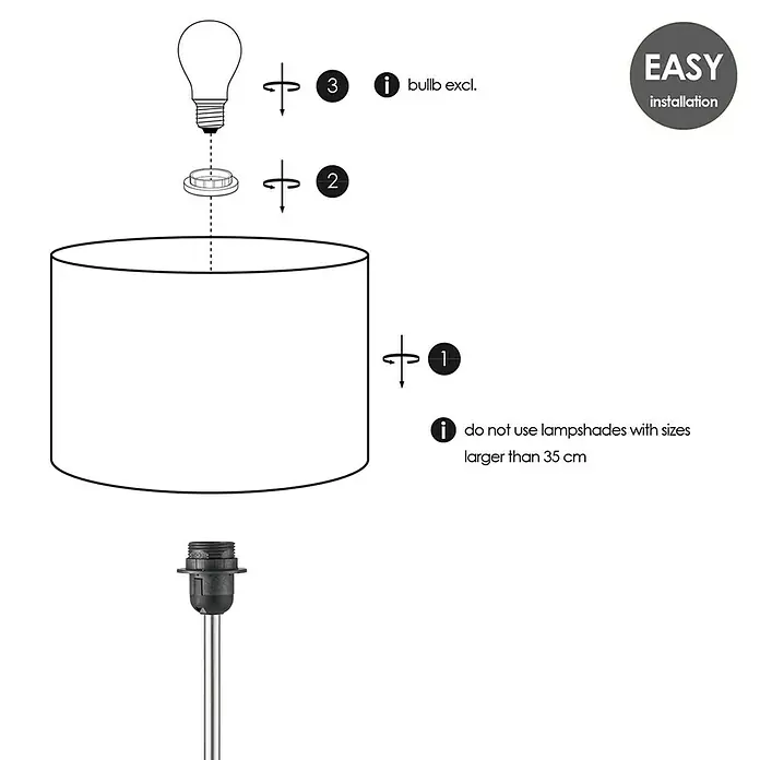 Home Sweet Home Karma Lampenfuß - 60 W, Höhe: 46 cm, Stahl matt, Stahl, E27 - Eine schematische Darstellung einer Lampenmontage mit Hinweisen zur Lampenschirmgröße und zum Einsetzen der Glühbirne.