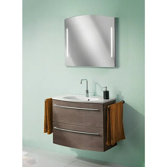 Camargue Swing LED-Lichtspiegel - B x H: 80 x 72 cm - Modernes Badezimmerwaschbecken mit Unterschrank, Handtüchern und beleuchtetem Spiegel. Stilvolles Design für ein zeitgemäßes Bad.