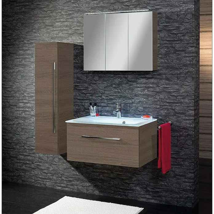 Camargue Stella LED-Spiegelschrank - B x H: 80 x 68,4 cm, Mit Beleuchtung, Eiche Maron - Elegantes Badezimmer-Set mit Waschtisch, Spiegelschrank und Hochschrank in modernem Design.
