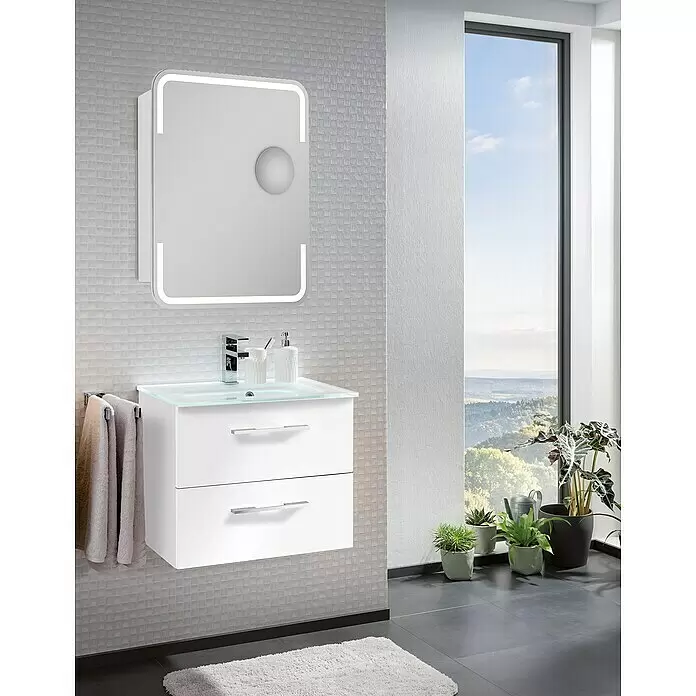 Camargue Stella LED-Spiegelschrank - B x H: 60 x 73,7 cm, Holz, Weiß, DIN Anschlag: Links, Kantenausführung Tür: Abgerundet - Stimmungsaufnahme