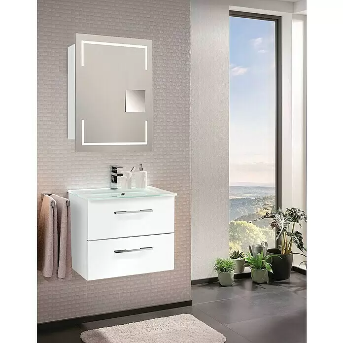 Camargue Stella LED-Spiegelschrank - B x H: 60 x 73,7 cm, Holz, Weiß, DIN Anschlag: Rechts, Kantenausführung Tür: Eckig - Stimmungsaufnahme