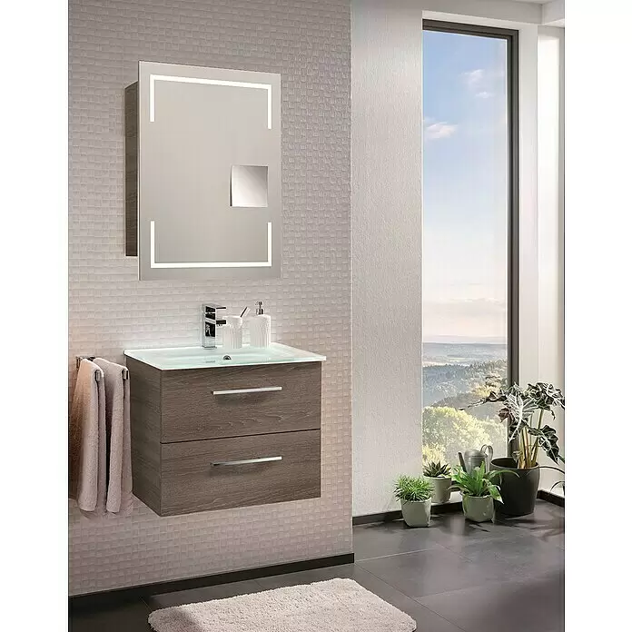 Camargue Stella LED-Spiegelschrank - B x H: 60 x 73,7 cm, Holz, Eiche Maron, DIN Anschlag: Rechts, Kantenausführung Tür: Eckig - Stimmungsaufnahme