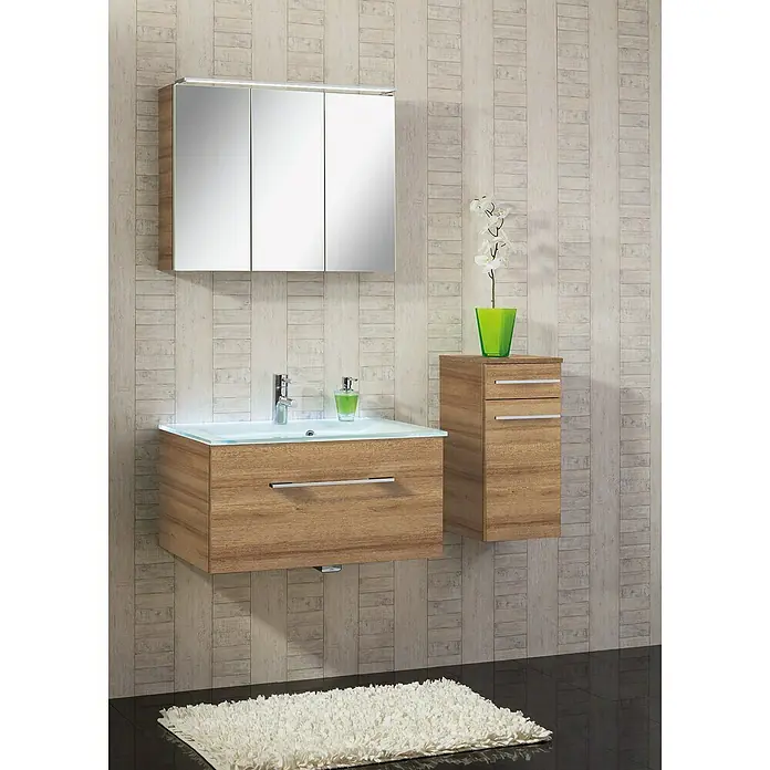 Camargue Stella LED-Spiegelschrank - B x H: 100 x 68,4 cm, Mit Beleuchtung, Berg Eiche - Elegantes Badezimmer-Set mit Waschtischunterschrank, Spiegelschrank und Hochschrank in Holzoptik. Der moderne Stil wertet jedes Bad auf.