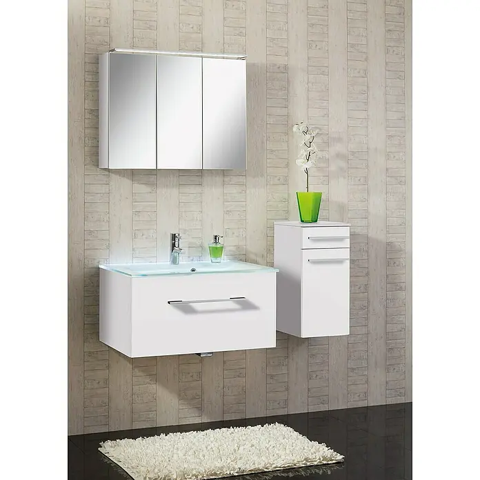 Camargue Stella LED-Spiegelschrank - B x H: 100 x 68,4 cm, Mit Beleuchtung, Weiß - Elegantes Badezimmer-Set mit einem Waschtisch mit Glasplatte, einem Spiegelschrank und einem Hängeschrank in strahlendem Weiß.