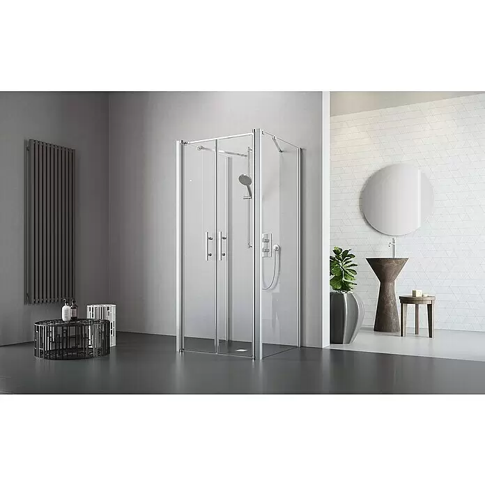 Camargue Vario Duschkabine S34 + 2xS37 + 2xS39 + S30 - 100 x 195 cm, Beschichtet, Glasstärke: 6 mm, Silber, Links x Mitte x Rechts: 90 x 100 x 90 cm - Eckduschkabine aus Klarglas mit silberfarbenen Rahmen in einem modernen Badezimmer.
