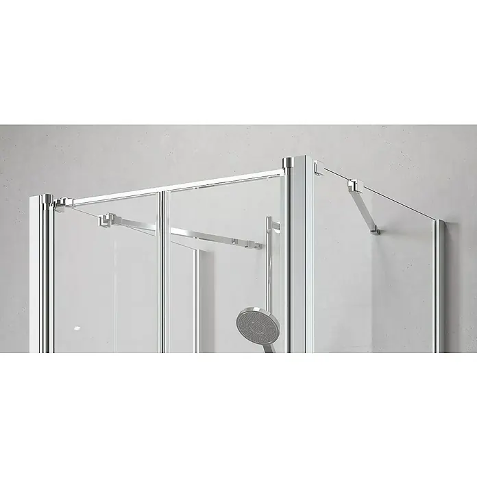 Camargue Vario Duschkabine S34 + 2xS37 + 2xS39 + S30 - 100 x 195 cm, Beschichtet, Glasstärke: 6 mm, Silber, Links x Mitte x Rechts: 90 x 100 x 90 cm - Detailaufnahme einer modernen Duschkabine mit klaren Glaswänden und eleganten Chrombeschlägen, die das minimalistische Design hervorheben.