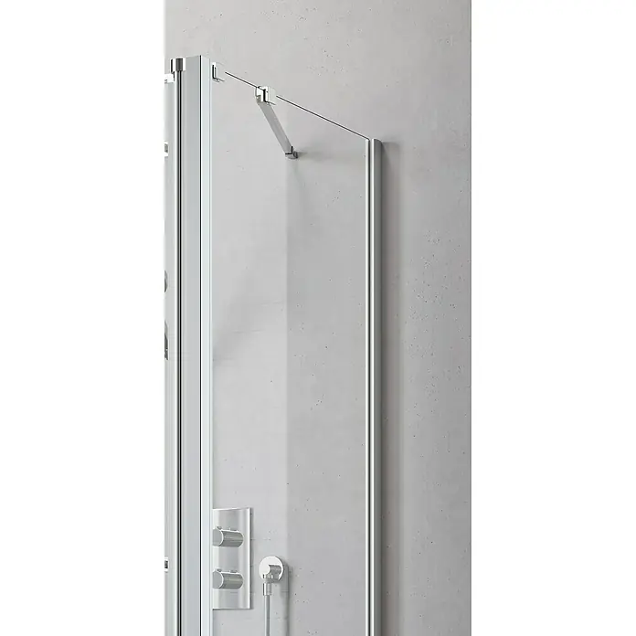 Camargue Vario Duschkabine S34 + 2xS37 + 2xS39 + S30 - 100 x 195 cm, Beschichtet, Glasstärke: 6 mm, Silber, Links x Mitte x Rechts: 90 x 100 x 90 cm - Detailaufnahme einer modernen Duschkabine mit klaren Linien und minimalistischem Design, das die Eleganz des Badezimmers hervorhebt.