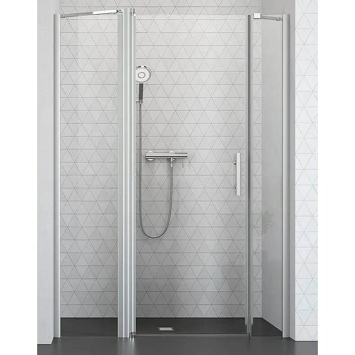 Camargue Vario Nischendusche S2+S16+S17 - 160 x 195 cm, Beschichtet, Silber, 6 mm - Ein moderner Duschbereich mit einer klaren Glasduschkabine, die den minimalistischen Stil des Badezimmers unterstreicht. Die Dusche verfügt über eine elegante Armatur.