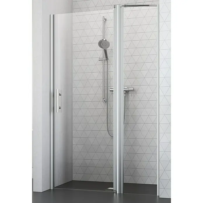 Camargue Vario Nischendusche S2+S15+S9 - 120 x 195 cm, Beschichtet, Silber, 6 mm - Elegante Duschkabine mit klaren Linien und Chromdetails vor einer modern gefliesten Wand. Perfekt für stilvolle Badezimmer.