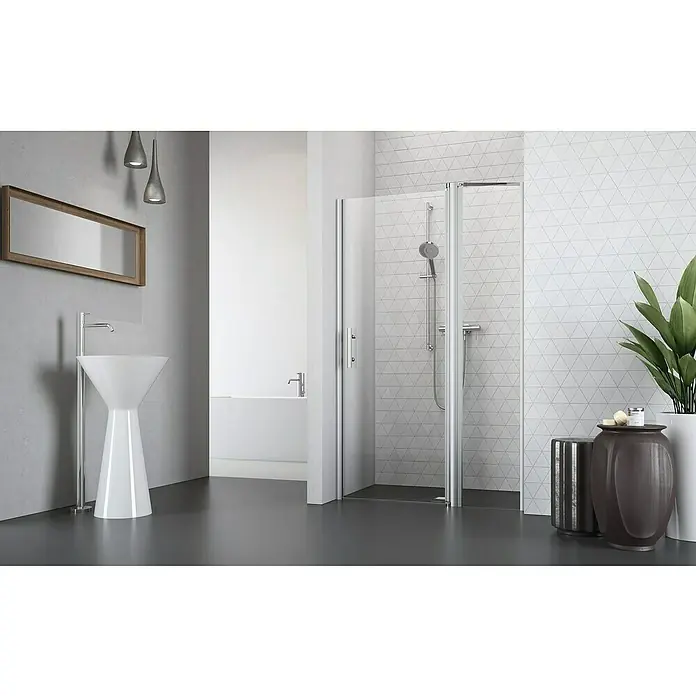 Camargue Vario Nischendusche S2+S15+S9 - 120 x 195 cm, Beschichtet, Silber, 6 mm - Elegantes Badezimmer-Interieur mit stilvollem Waschbecken und moderner Duschkabine, die ein luxuriöses Ambiente schaffen.