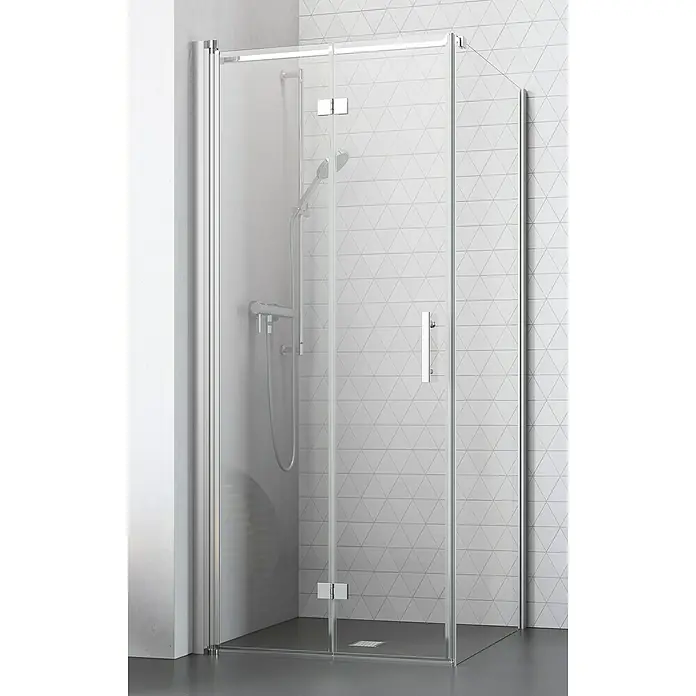 Camargue Vario Eckdusche S52+S5 - L x B x H: 80 x 75 x 195 cm, Beschichtet, Silber, Glasstärke: 6 mm - Duschkabine mit Drehtür. Die Duschabtrennung aus Klarglas hat Beschläge und einen Griff in Chromoptik. Die Wandfliesen sind mit Dreiecken verziert.